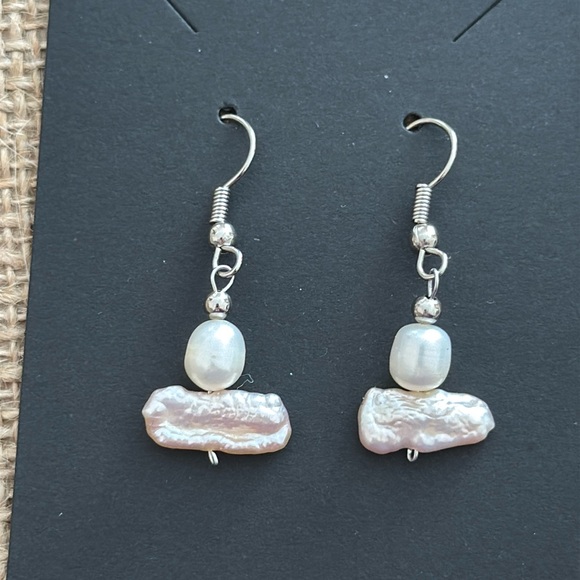 Jewelry - Handmade Silver Wire Wrapped Fresh Water Dangly Pearl Earrings